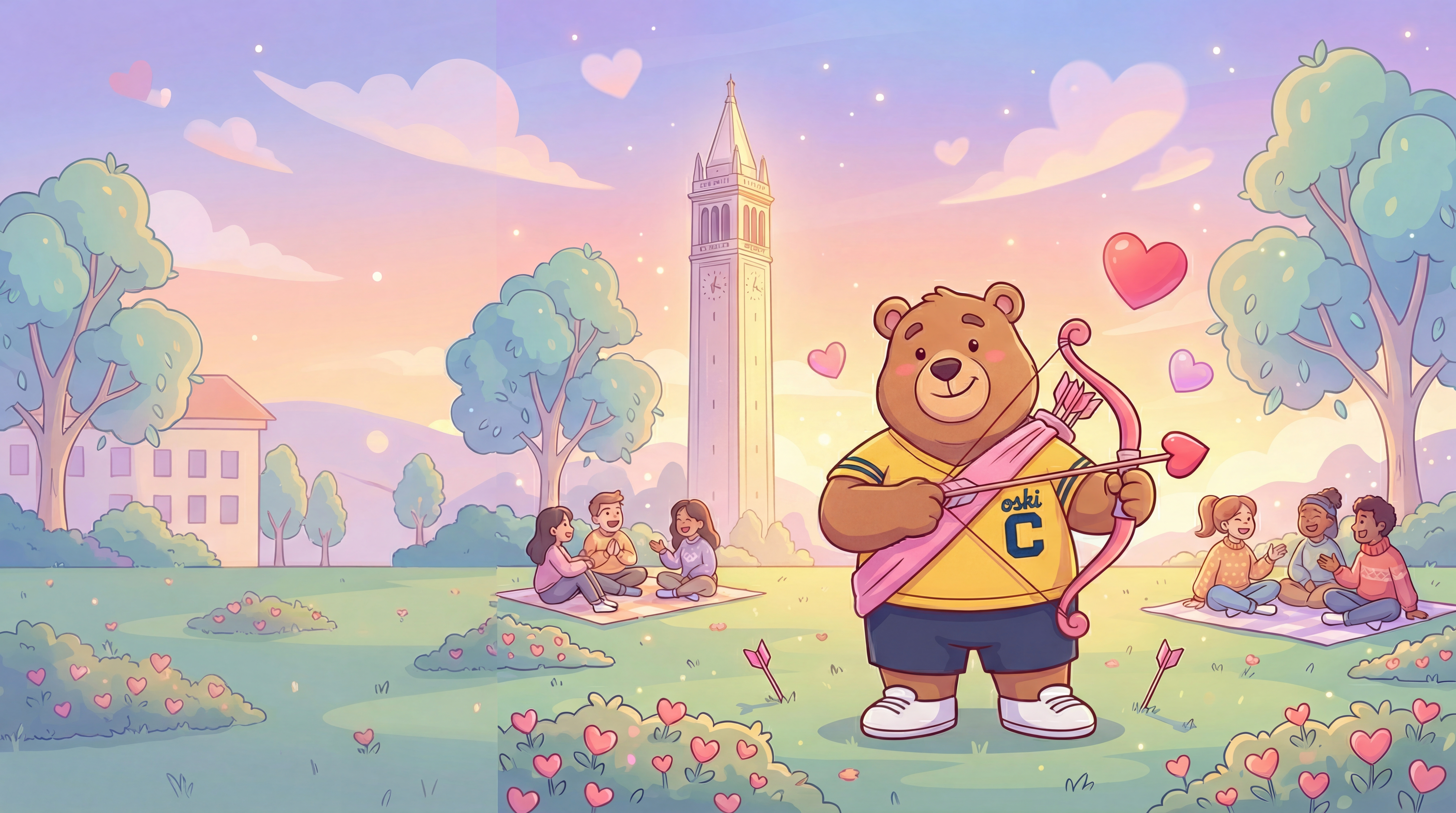 Oski as cupid with Cal students on campus, hearts and Campanile in background